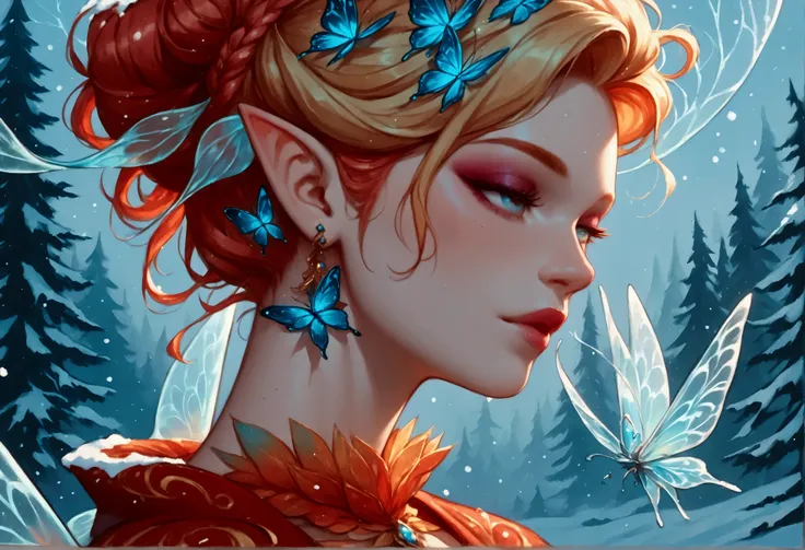 score_9, score_8_up, score_7_up, score_6_up, score_5_up, score_4_up, watercolor art of a most beautiful fairy playing in the snow, a beautiful fairy, spread butterfly wings, dynamic hair color, dynamic hair style, busty, wearing red colorful silk dress, in...