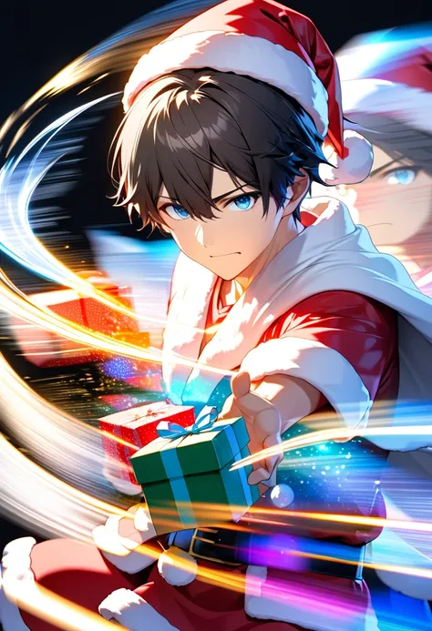  dark-haired young man"Asuka"Serious expression of  ,Good-looking smart blue-eyed Santa Claus figure , Alone ,background:Iridescent illumination light in the dark ,  pose: throwing presents at me  , A present that is coming towards us(( motion blur:2.5 ,  ...