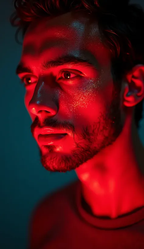   analog film photo, ( art品,  high resolution:1.3),
(模拟照片Particles:1.3), Man who illuminates his face with red light ， Master Leonardo da Vincis late toning ， Strong color atmosphere with warm and cold contrast ， Classy，Movie quality，dramatic，Storytelling，...