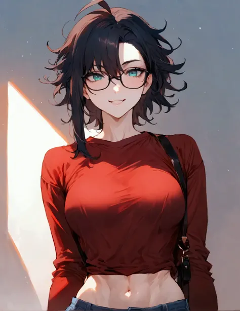 Masterpiece, best quality, 1girl, solo, 23 years old, adult, teal and dark hair, messy hair, asymmetrical hair, ahoge, short hair, aqua eyes, medium breasts, toned, 167cm, pale skin, glasses, grin, red shirt, jeans, midriff peek,
