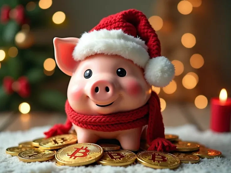 piggy bank with bitcoins in xmas holiday promotions, financial planning, savings Christmas gift ideas, or social media posts highlighting seasonal and cute banking concepts. 