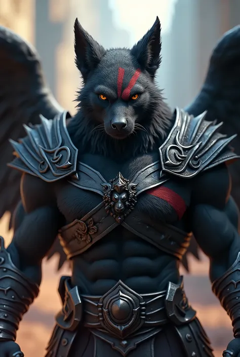  A hyperrealistic 3D rendering of a powerful , Black-colored Hawkeye Muscular Antro ,  once a mortal warrior who defeated Ares and ascended as the new God of War. him standing  , Exuding authority and strength,  with penetrating white eyes  ,  a distinctiv...