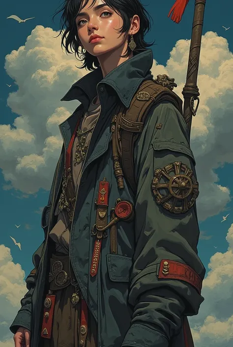 A stunning character portrait in a dark fantasy anime style, inspired by classic hand-drawn techniques with muted yet impactful colors. The character wears intricate, weathered clothing with elaborate textures, evoking a sense of age and mystery. The art s...