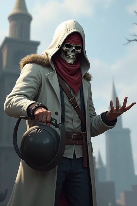 This image features a character wearing a white hooded coat with a fur-lined interior. The characters face is covered with a mask that has a skull design, and they are wearing a red bandana or cloth over the forehead. The character is holding a helmet in t...