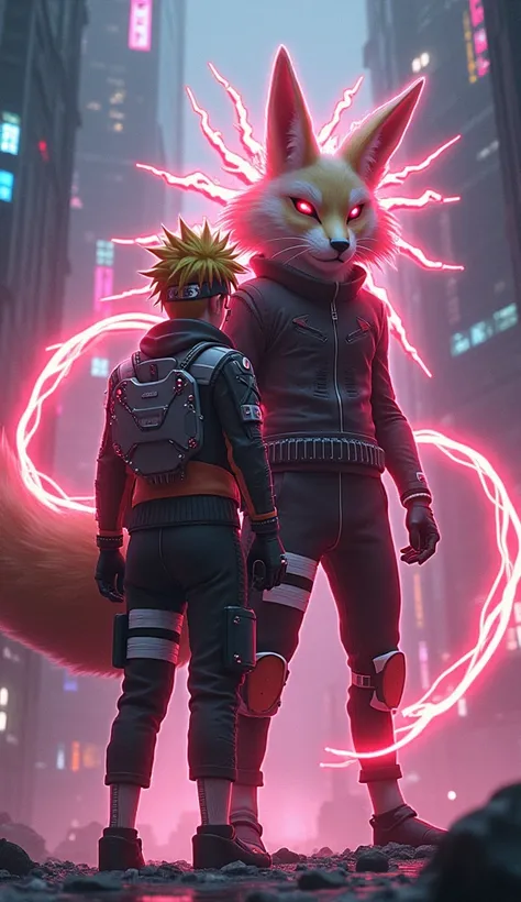 Naruto and kurama cyber in behind