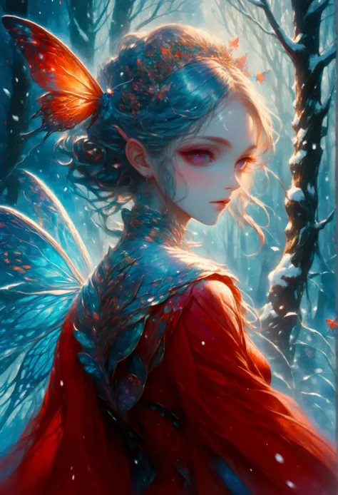 score_9, score_8_up, score_7_up, score_6_up, score_5_up, score_4_up, watercolor art of a most beautiful fairy playing in the snow, a beautiful fairy, spread butterfly wings, dynamic hair color, dynamic hair style, busty, wearing red colorful silk dress, in...