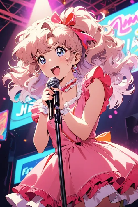 An idol girl performing energetically on a 1980s Japanese TV show stage. She has voluminous permed hair with a large ribbon as a standout accessory, wearing a pink dress adorned with frills and lace. She holds a microphone in one hand while singing with a ...