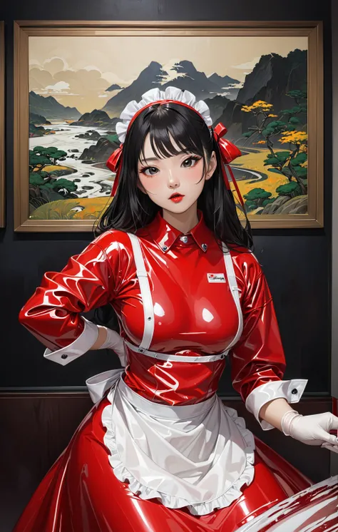  masterpiece ,  Top image quality, Portrait painting ,panorama, full length.Japanese, sexy,Model,Im 25 years old .Aggressive. Im wearing a red latex maid suit that covers my entire body. long latex shirt , long latex skirt ,  latex gloves  , Latex apron, l...