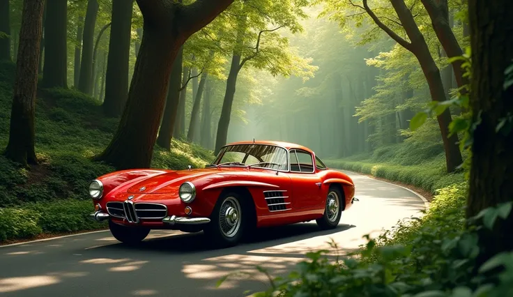  BMW 507 1959 is driving along a winding road among tall trees.  The suns rays break through the thick foliage ,  creating a play of shadows on the body .
( The most realistic photo : BMW 507 1959 in red ,  detailing tree shadows ,  the fresh green of the ...