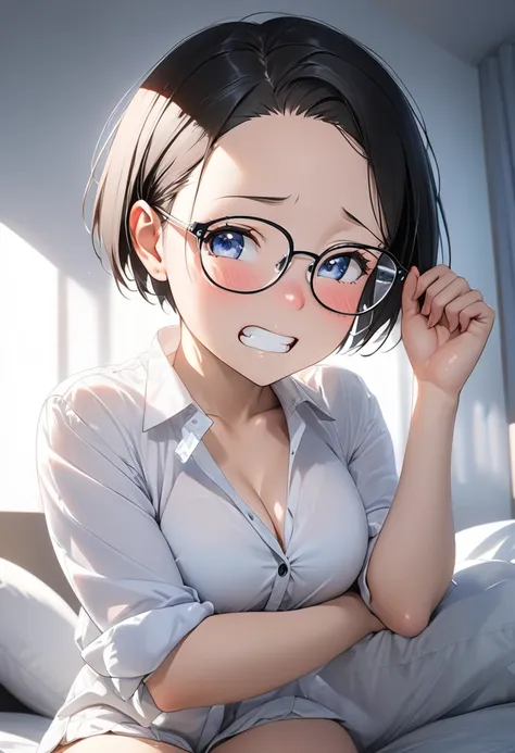 RAWphoto,photorealistic,8k16k,best quality,perfect anatomy,perfect detailed,ultra highres, extremely detailed eyes and face,gleaming skin,shiny skin,1girl,Japanese,black short hair,pixie cut, (wearing glasses:1.3),(parted bangs,forehead:1.2),round face,med...