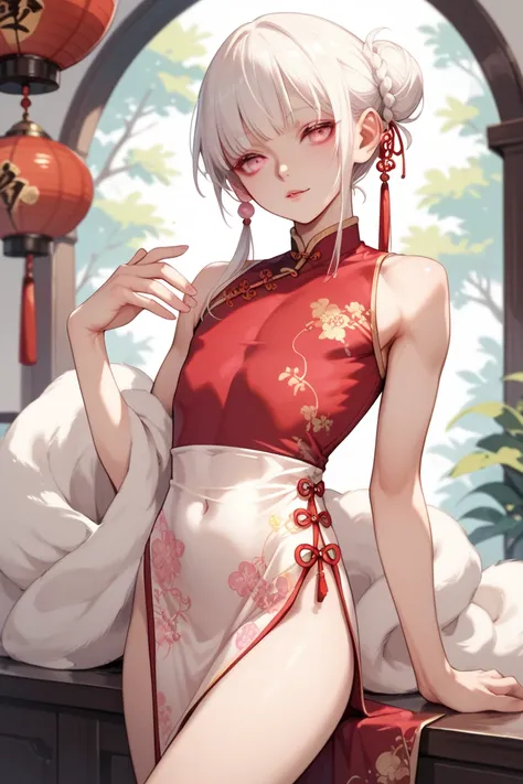 slender albino femboy young man with a long white hair and pink eyes in a qipao
