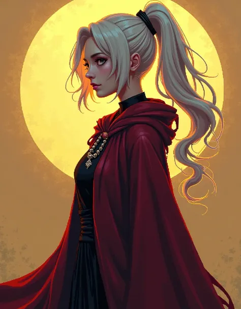  masterpiece ,  high quality, HCnone, Pixel art, 1fille, white hair, queue de cheval, Robe gothique rouge, fond de couleur or simple, regard de la mort,  Background of the &#39;eclipse