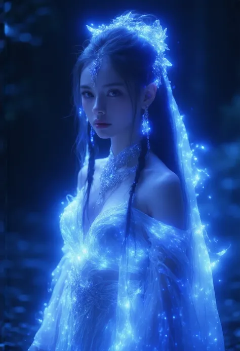 8K, ultra hd, masterpiece, 1 girl, (good face:1.4), detailed eyes, very long hair, impressive hairstyle, earings, necklace, small breasts, (fantasy glowing outfit:1.5), see-through, (white orange laser outfit:1.5), Light-colored foundation brings out the s...