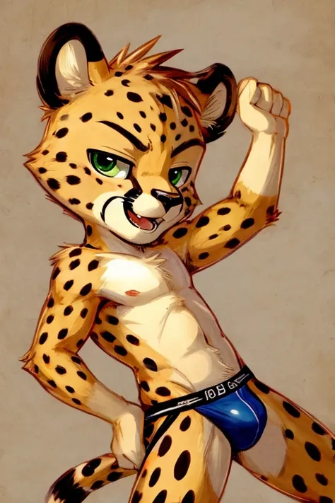 Young cheetah boy with green eyes teasing in jockstrap. Bulge, anatomically correct, dominant look, Dandi
