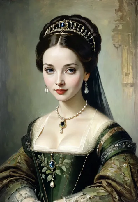 ((very charming young Anne Boleyn)),  dark hair ,  a light mysterious smile from behind his shoulder ,  dress with embroidered patterns , 16th century ,(Adolphe Piots style )), dark renaissance, (fog, very shabby), ((palette/oil painting palette knife)), (...