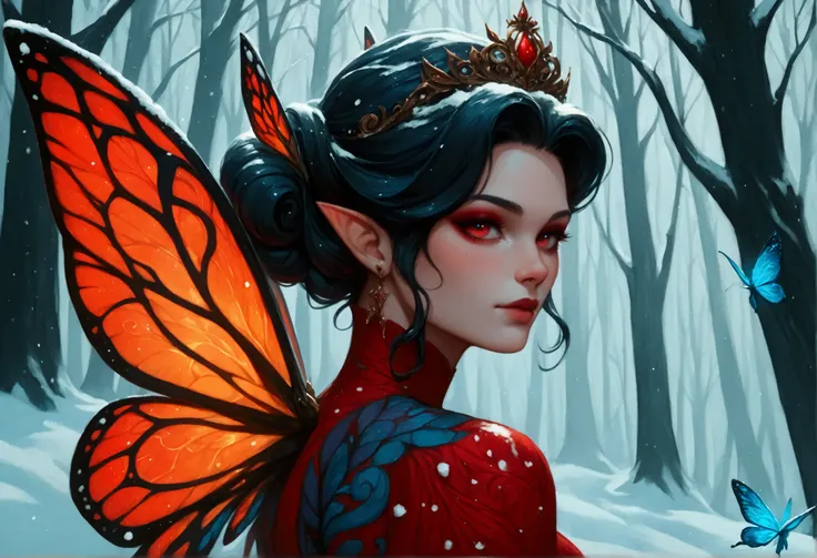 score_9, score_8_up, score_7_up, score_6_up, score_5_up, score_4_up, watercolor art of a most beautiful fairy playing in the snow, a beautiful fairy, spread butterfly wings, dynamic hair color, dynamic hair style, busty, wearing red colorful silk dress, in...