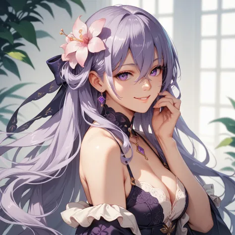 1girl, Long Hair, Smile, Bangs, Hair Between Eyes, Very Long Hair, Purple Eyes, Hair Flower, Anatomically Correct, 