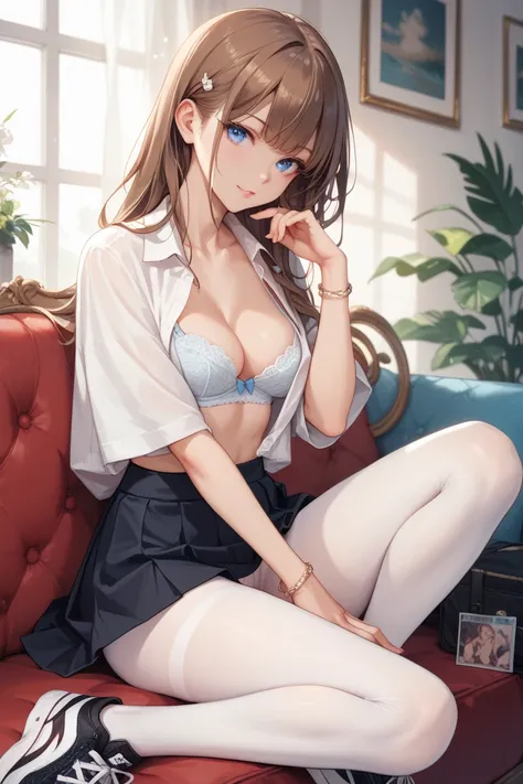 girl 20 years old, tight skinny body, zero breast ,  Long brown hair ,  blue eyes , She is wearing : long shirt, white bra, There is a bracelet on the hand, Bow on the hair,  short black skirt ,  white tights ,  black sneakers : she sits frontally to the v...