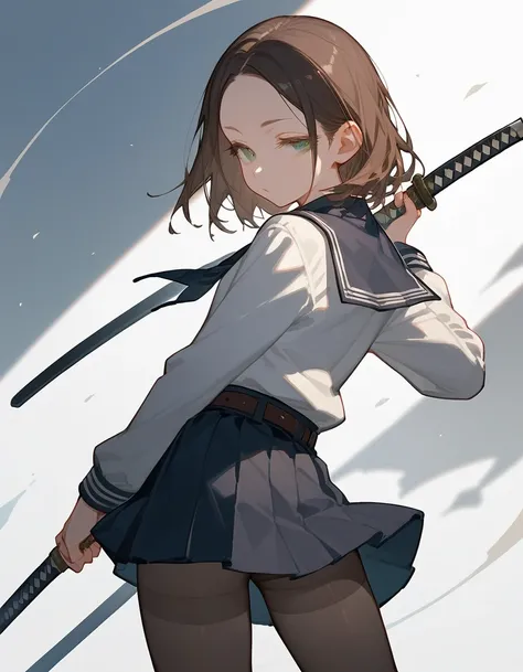 back view, standing, score_9, score_8_up, score_7_up, (solo), 1girl, medium hair, forehead, brown hair, green eyes, ((pose)), (((narrowed eyes))), big eyes, school uniform, katana, belt, pantyhose 