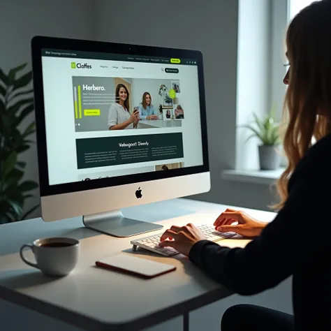  A hyper-realistic image capturing a professional : A person ( without showing the face)  working on a open in an elegant and modern environment .  Your hands are positioned on the keyboard ,  and the screen displays a design interface of an institutional ...