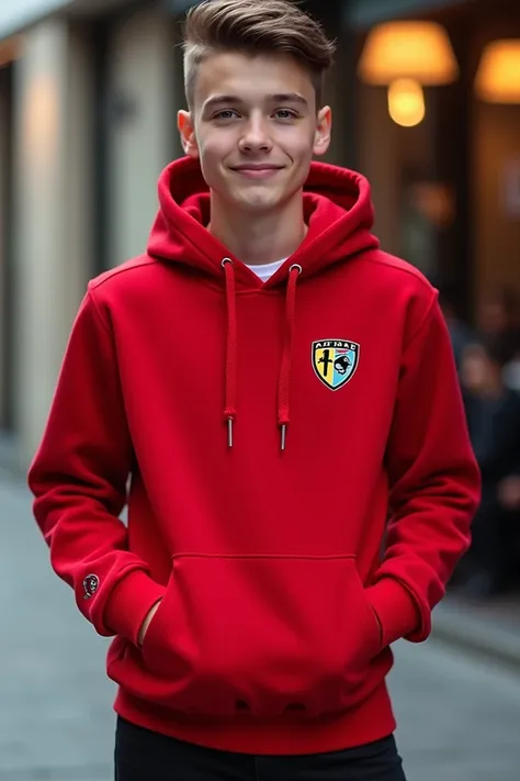 Red hoodie for teenagers with Alfida logo 
