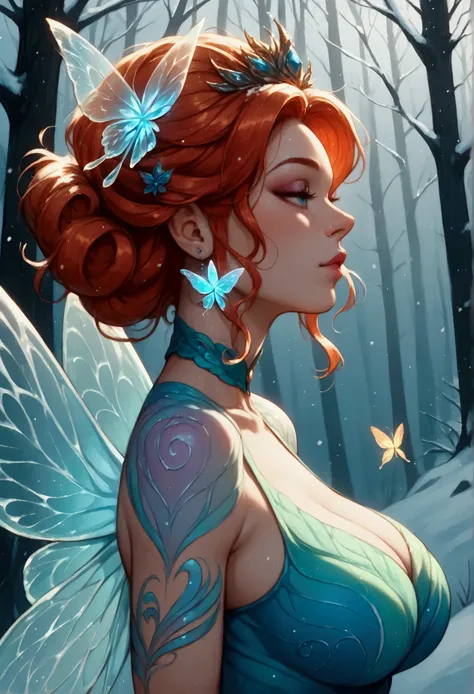 score_9, score_8_up, score_7_up, score_6_up, score_5_up, score_4_up, watercolor art of a most beautiful fairy playing in the snow, a beautiful fairy, spread butterfly wings, dynamic hair color, dynamic hair style, busty, wearing colorful silk dress, intric...