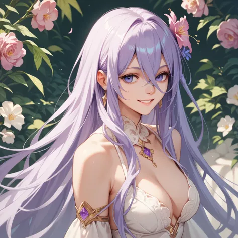 1girl, Long Hair, Smile, Bangs, Hair Between Eyes, Very Long Hair, Purple Eyes, Hair Flower, Anatomically Correct, 