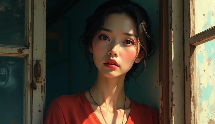 Asian woman in her 40s with firm breasts ,Clean skin, beautiful eyes ,Smart nose, sexy body , transcendental beauty , mature woman , An old picture by the window, There is a face looking out of the same window and shedding tears and grimbling.*   mature wo...