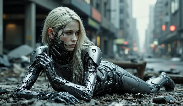 ((masterpiece)) ((photography)) ((Highest quality)) A futuristic cyborg fallen angel woman with sleek silver robotic armor and intricate mechanical details is laying amidst a post-apocalyptic urban landscape. She has long, straight blonde hair and angelic ...