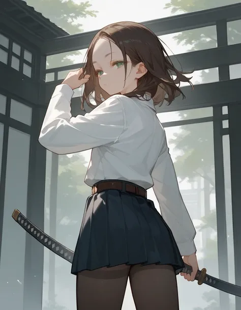 back view, standing, score_9, score_8_up, score_7_up, (solo), 1girl, medium hair, forehead, brown hair, green eyes, ((pose)), (((narrowed eyes))), big eyes, white shirt, school uniform, katana, belt, pantyhose 