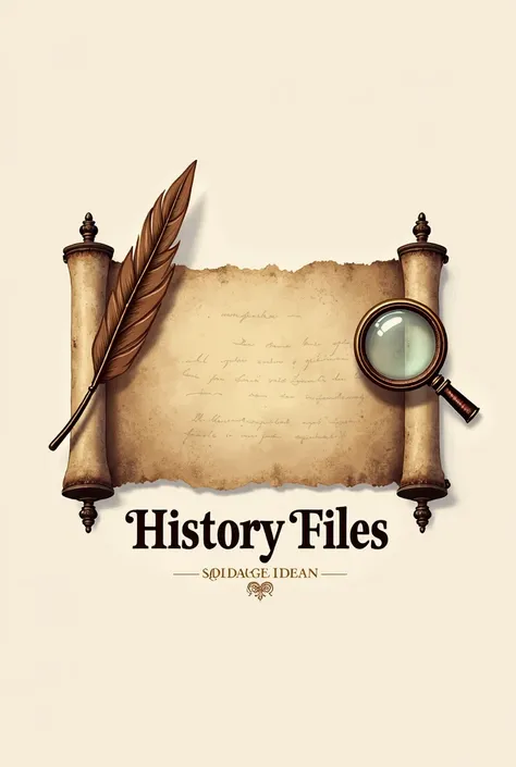 "Design a logo for History Files, featuring an open parchment scroll with ancient, faded script in the center. The scroll has a weathered, aged texture. On one side, include a quill pen symbolizing writing, and on the other, a magnifying glass representing...