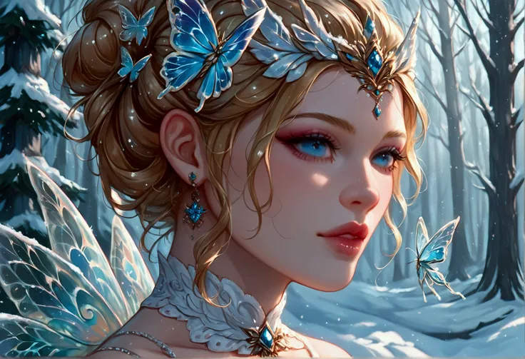 score_9, score_8_up, score_7_up, score_6_up, score_5_up, score_4_up, watercolor art of a most beautiful fairy playing in the snow, a beautiful fairy, spread butterfly wings, dynamic hair color, dynamic hair style, busty, wearing colorful silk dress, intric...