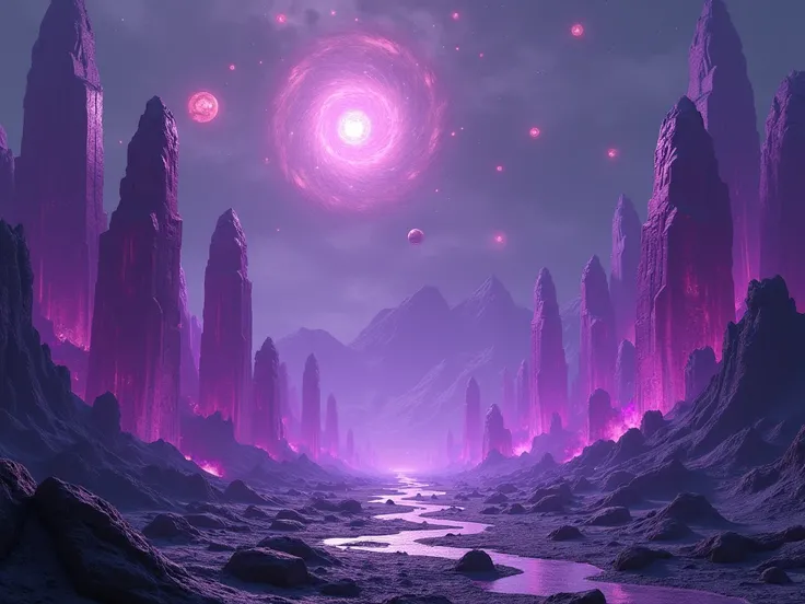 Instead of vegetation, the black planet is covered in giant glowing purple crystals and floating balls of energy.