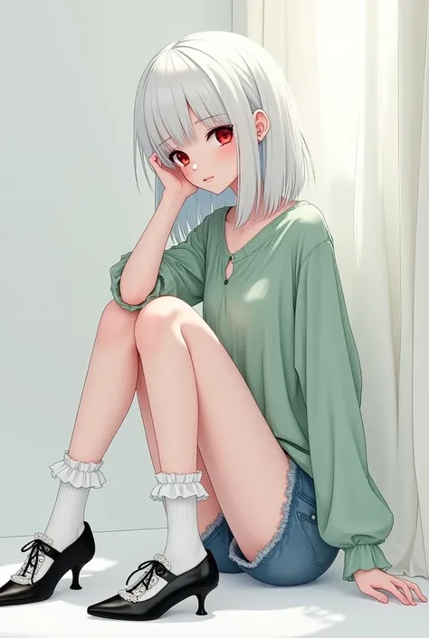 no headwear Shoulder length white hair red eyes very pale skin, Light green top and short blue jeans knee high white socks and black lolita shoes anime girl