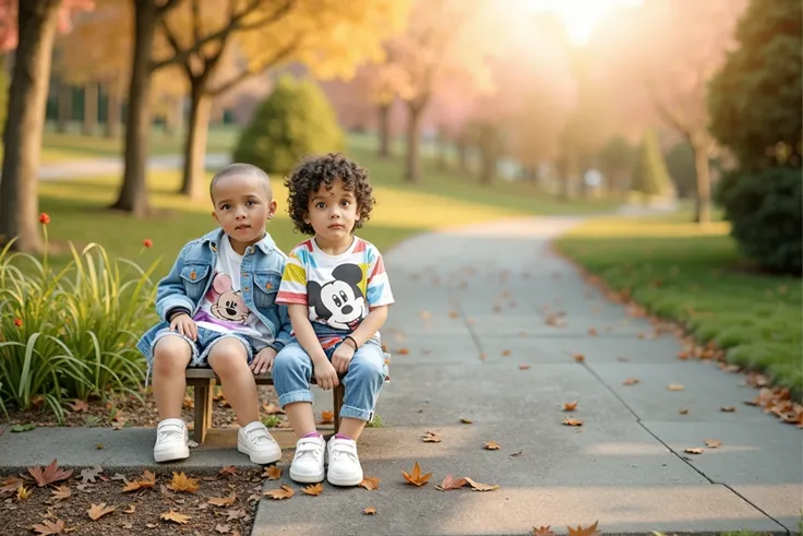 there are two s sitting on a bench in the park, a picture by Zahari Zograf, pexels, realism, ren, next gen, in a park, in the park, s, gen z, boy and girl, twins, at a park, at the park, foto, best friends, two girls, casual photography