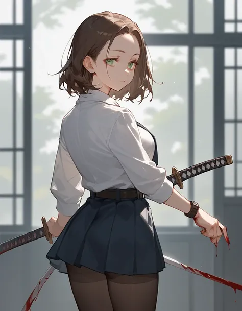 back view, standing, score_9, score_8_up, score_7_up, (solo), milf, 1girl, medium hair, forehead, brown hair, green eyes, ((posing)), (narrowed eyes), big eyes, white shirt, school uniform, katana, belt, pantyhose, (((blood)))