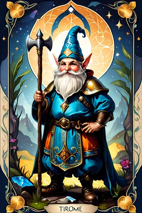 (((Patterned exquisite Tarot Card ))), gnome with an ax