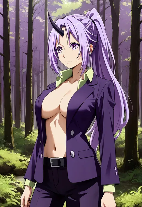 1 girl,shion1 , chest, clavicle,arm, horns, big_chest, length_hair, open_boca, pants, collect, purple_look like, purple_hair, purple_jacket, shirt, single_horn, alone, very_length_hair, arm,  forest background,  forest background, Slingshot