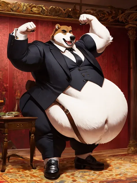 Very extremely morbidly-Obese Grizzly Bear with unbelievably very very very extremely massive overhang white belly, wears shoes, butler, Flexing, wears full tuxedo suit. 