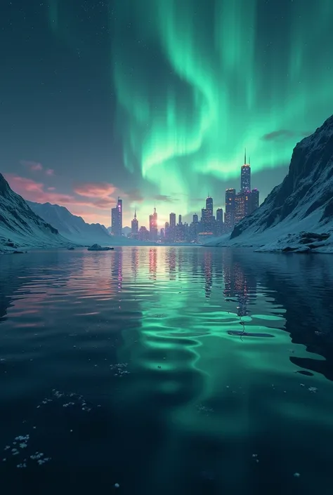  A large expanse of water in space, with images of beautiful cities on Earth reflected in the Northern Lights.