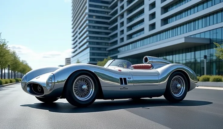  Mercedes-Benz W196 is parked in front of the Mercedes-Benz building ,  its shiny body reflects the architectural lines of the headquarters.
( The most realistic photo :  tunnel, the silver Mercedes-Benz W196 ,  modern office buildings with panoramic windo...