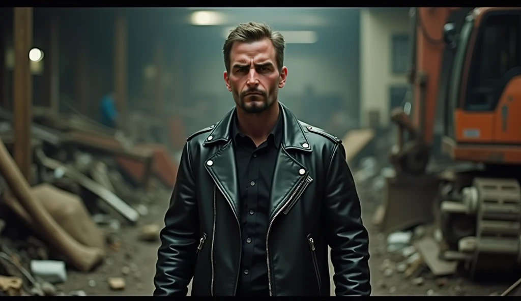 Demolition shop, cinematic style of a man with black leader jacket, looking forward like see someone need help