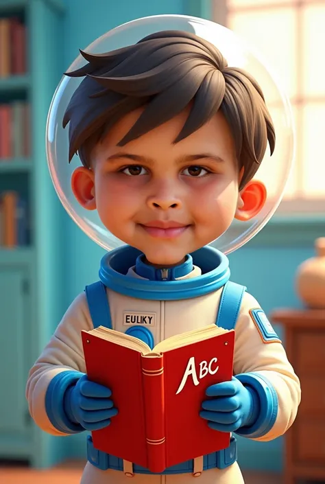  Boy wearing an astronaut costume detailed with blue details , holding a red book with the cover saying ABC in his hands .  The illustration style is vibrant and reminiscent of Pixar cartoons, with a cheerful and playful atmosphere.