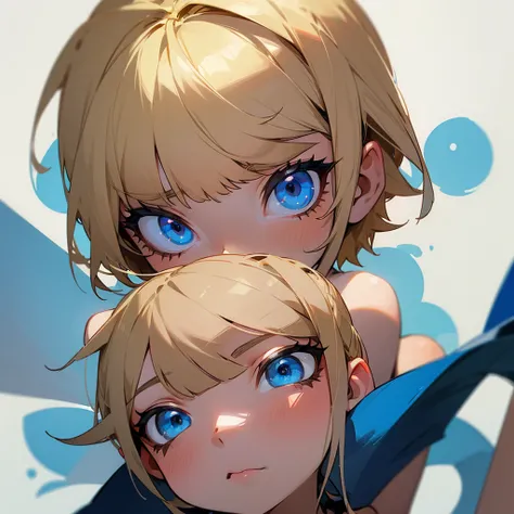  girl with short tousled blonde hair and big blue eyes