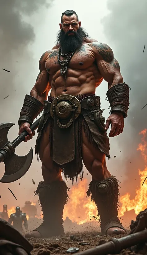 Prompt:
"A towering, muscular warrior with an imposing physique, standing in the middle of a chaotic battlefield. His skin is marked with deep scars and tribal patterns, adding to his intimidating appearance. He wields a massive weapon, such as a battle ax...