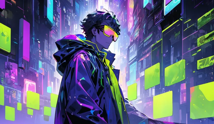 A guy in neon glasses and a raincoat in an ultraviolet city