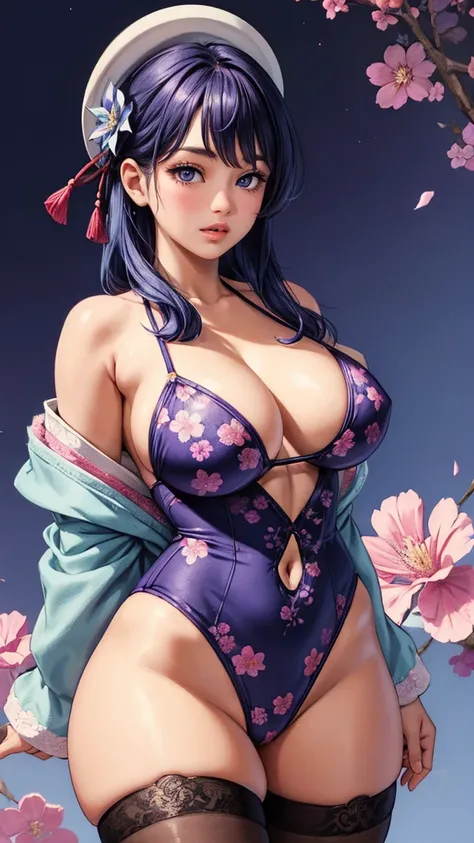 ganyu from, genshin impact, cute overload, massive , thick thighs, thigh highs, purple eyes, blue hair, hand drawn, retro anime, floral bikini top, finely detailed, purple floral background, ulzzang, looking at viewer, arms behind back, cleavage, underboob...