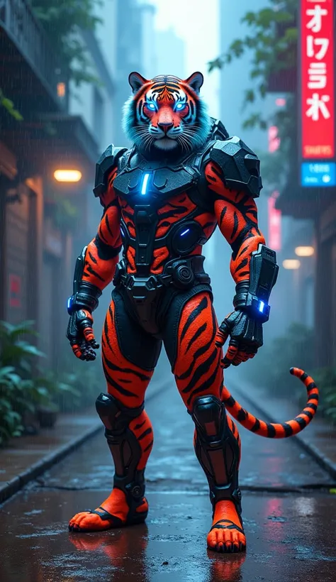 Character (Fusion of Tiger and Cyberpunk Mercenary): A fierce and majestic fusion of a glowing neon-striped tiger and a futuristic cyberpunk mercenary. The figure blends the tiger’s glowing, neon stripes running along its fur with the mercenary’s high-tech...