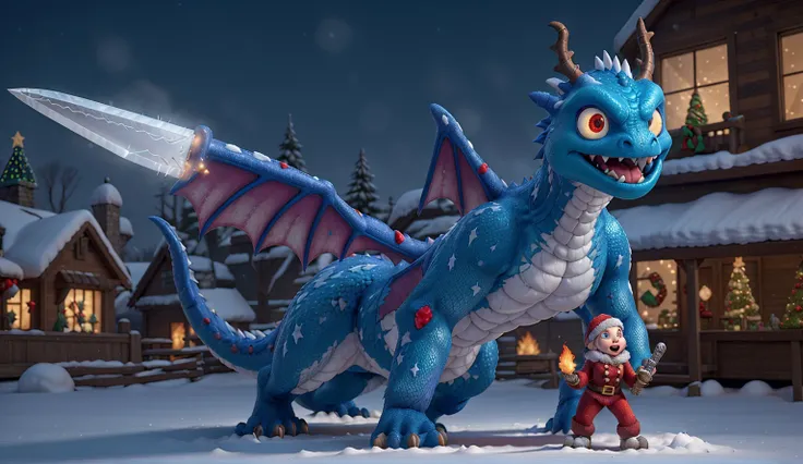 a peaceful holiday village covered in snow (with Christmas lights and Christmas decorations) is being destroyed by a ravaging ice dragon (glowing eyes, ice breath, menacing form, demonic appearance), a sexy female giant (wearing chainmail, wielding an over...