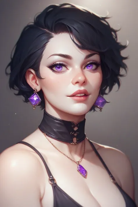 Girl with short black hair, white skin and violet eyes